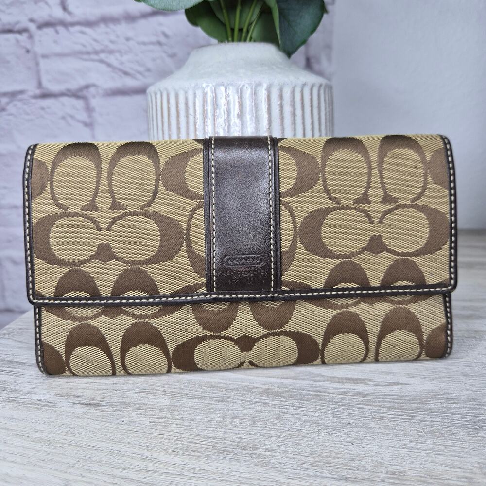 Vintage Coach Signature C Canvas Continental Trifold Wallet Brown Checkbook Long